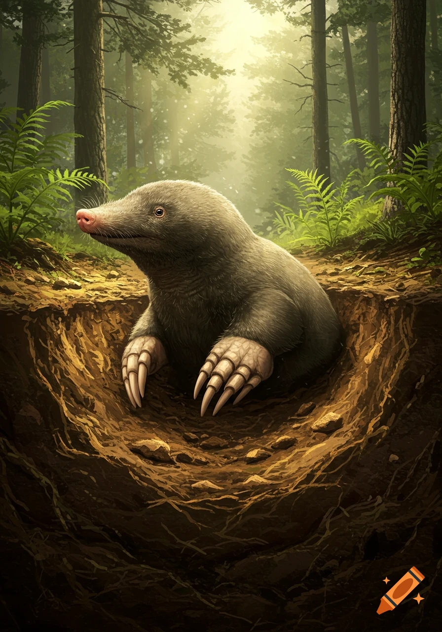 A mole with large digging claws emerges from its burrow in a sunlit forest.