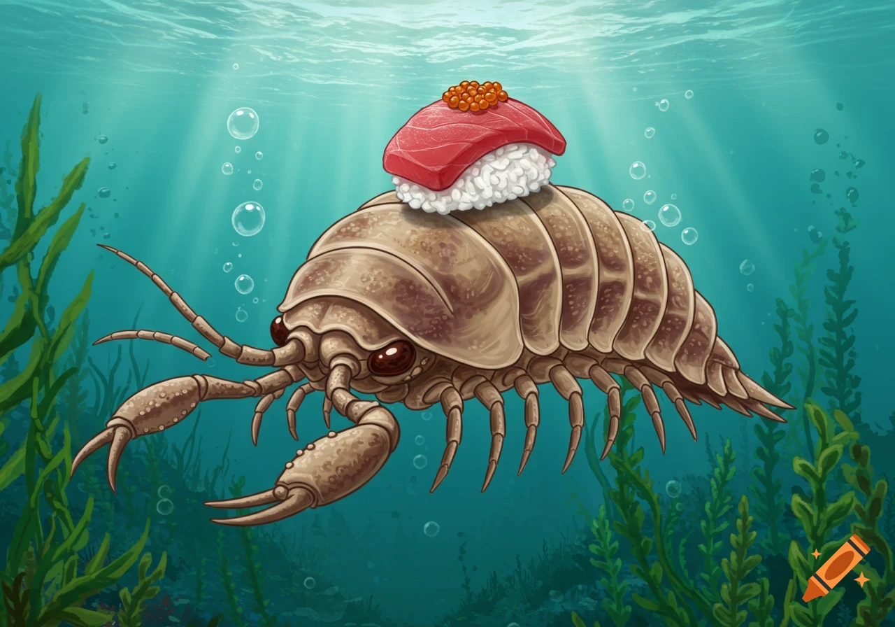 Illustrated giant isopod with tuna sushi and roe on its back, swimming in a vibrant underwater scene with seaweed and bubbles.