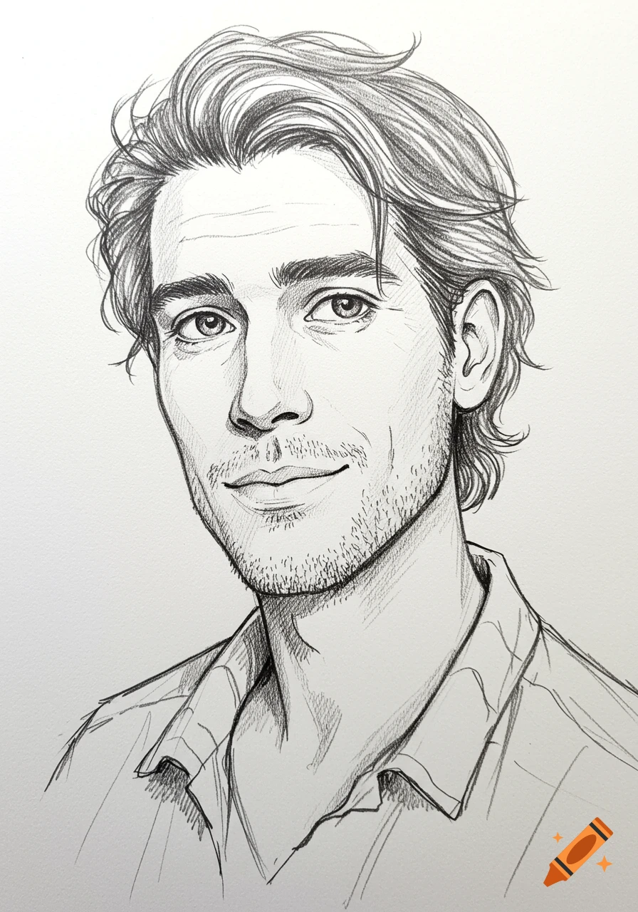 Pencil sketch of a man with wavy hair and stubble, looking directly forward.