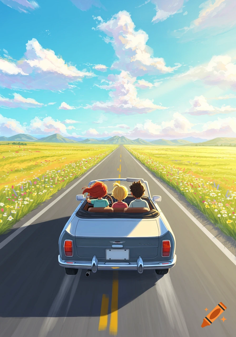 Three people in a convertible drive down a long road through a vibrant green and yellow field under a blue sky, anime style.
