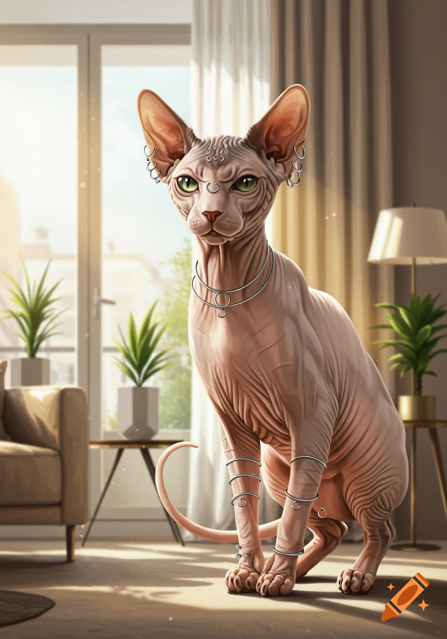A hairless Sphynx cat with numerous silver piercings on its ears, face, and legs sits in a bright, modern living room.