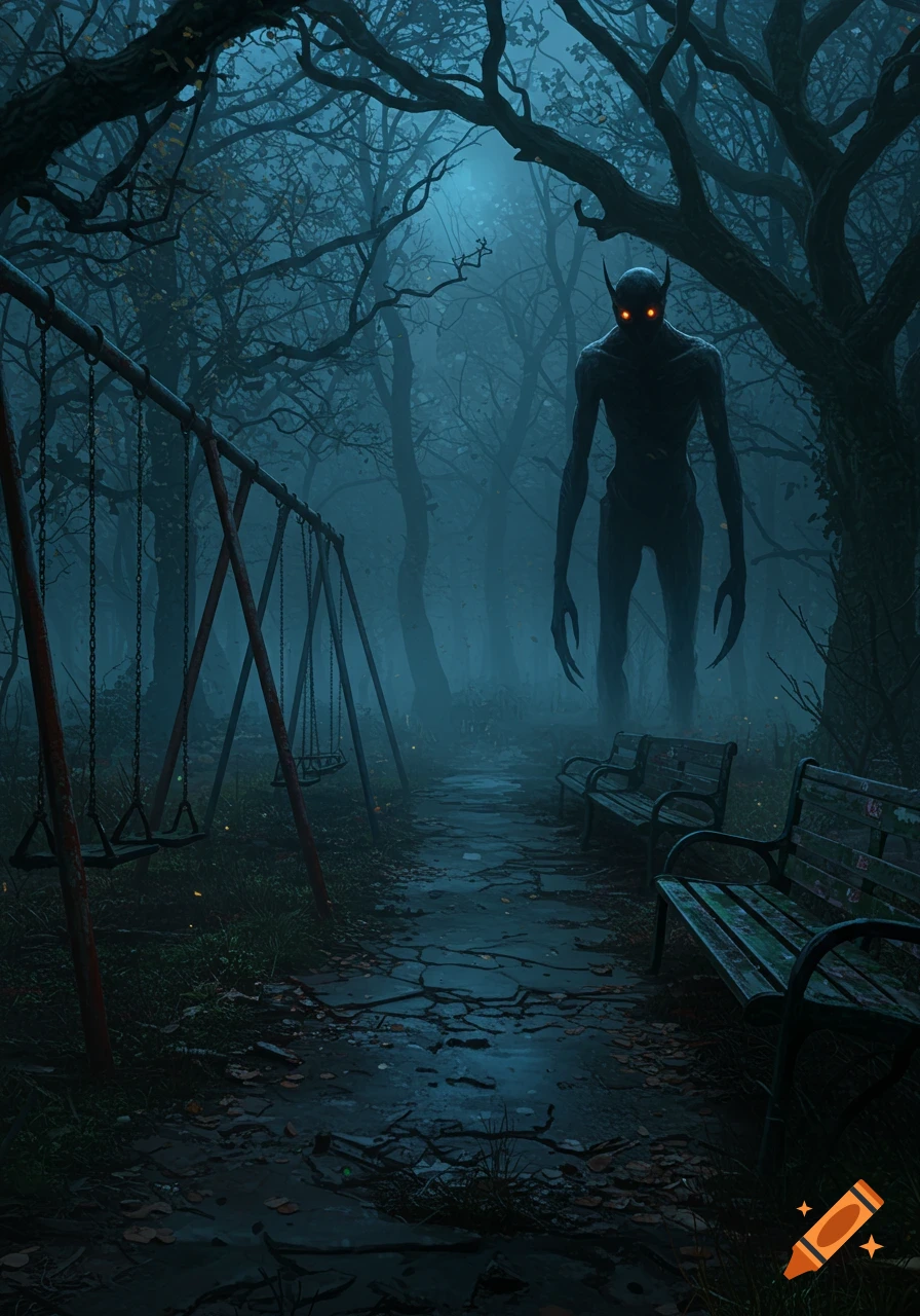 A tall, shadowy monster with glowing red eyes and long claws stands in a dark, foggy abandoned park with swings and benches.