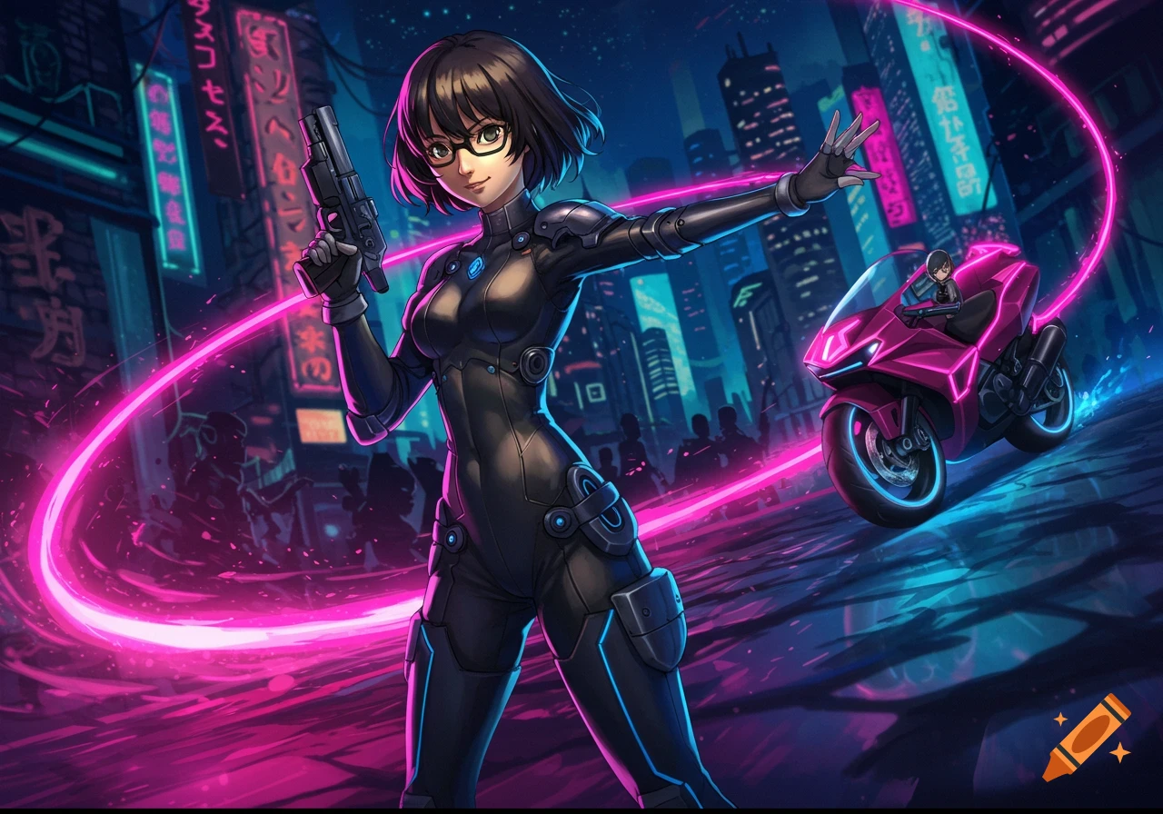 An anime-style woman in a black suit with a gun stands in a vibrant cyberpunk city, with a pink motorcycle speeding behind her.
