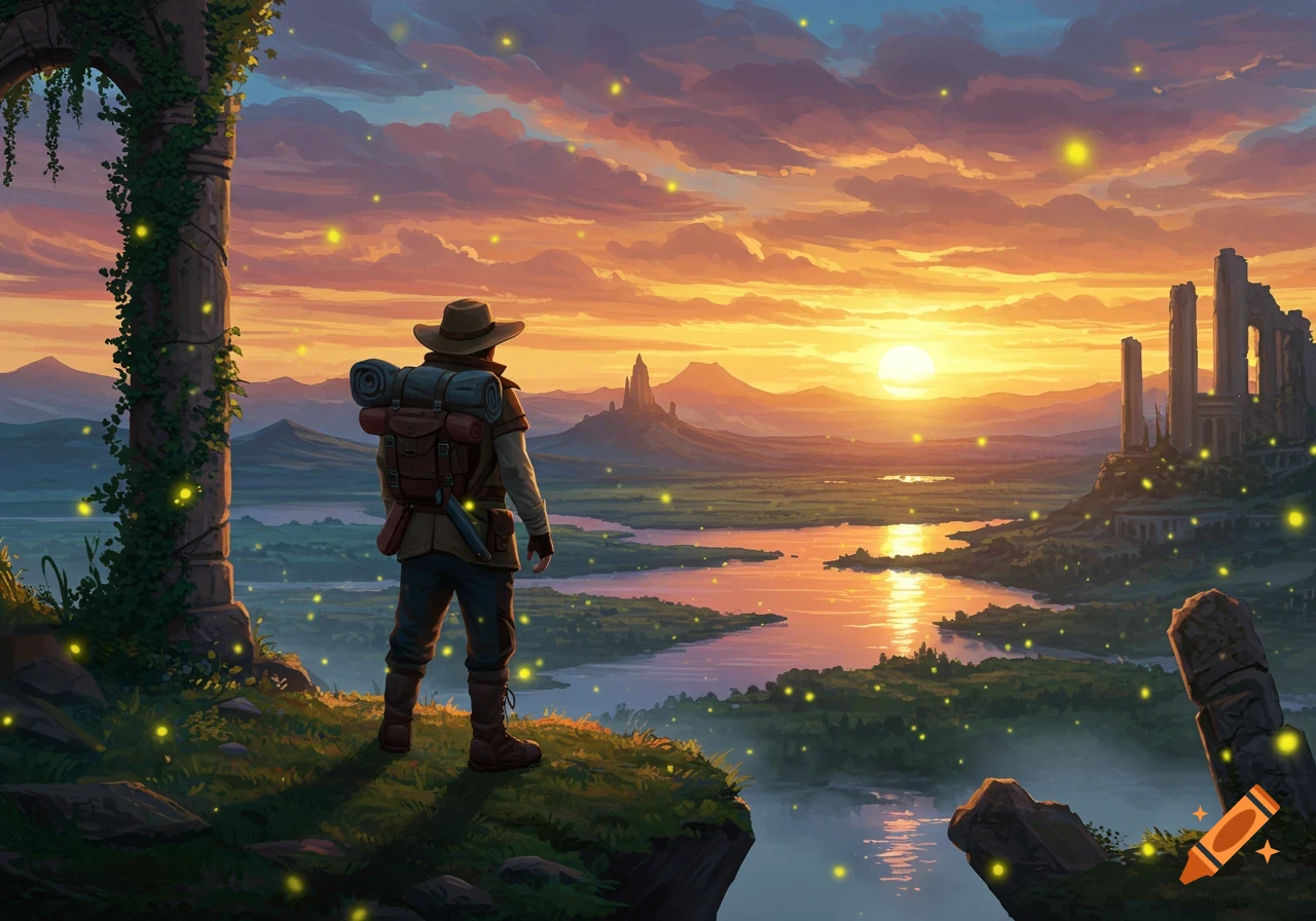 Digital painting of a lone traveler on a cliff overlooking a fantasy landscape with ruins, river, and glowing orbs at sunset.