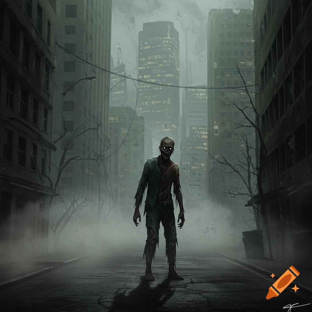 A lone zombie with glowing eyes stands in a foggy, ruined city street, surrounded by dark, dilapidated buildings.