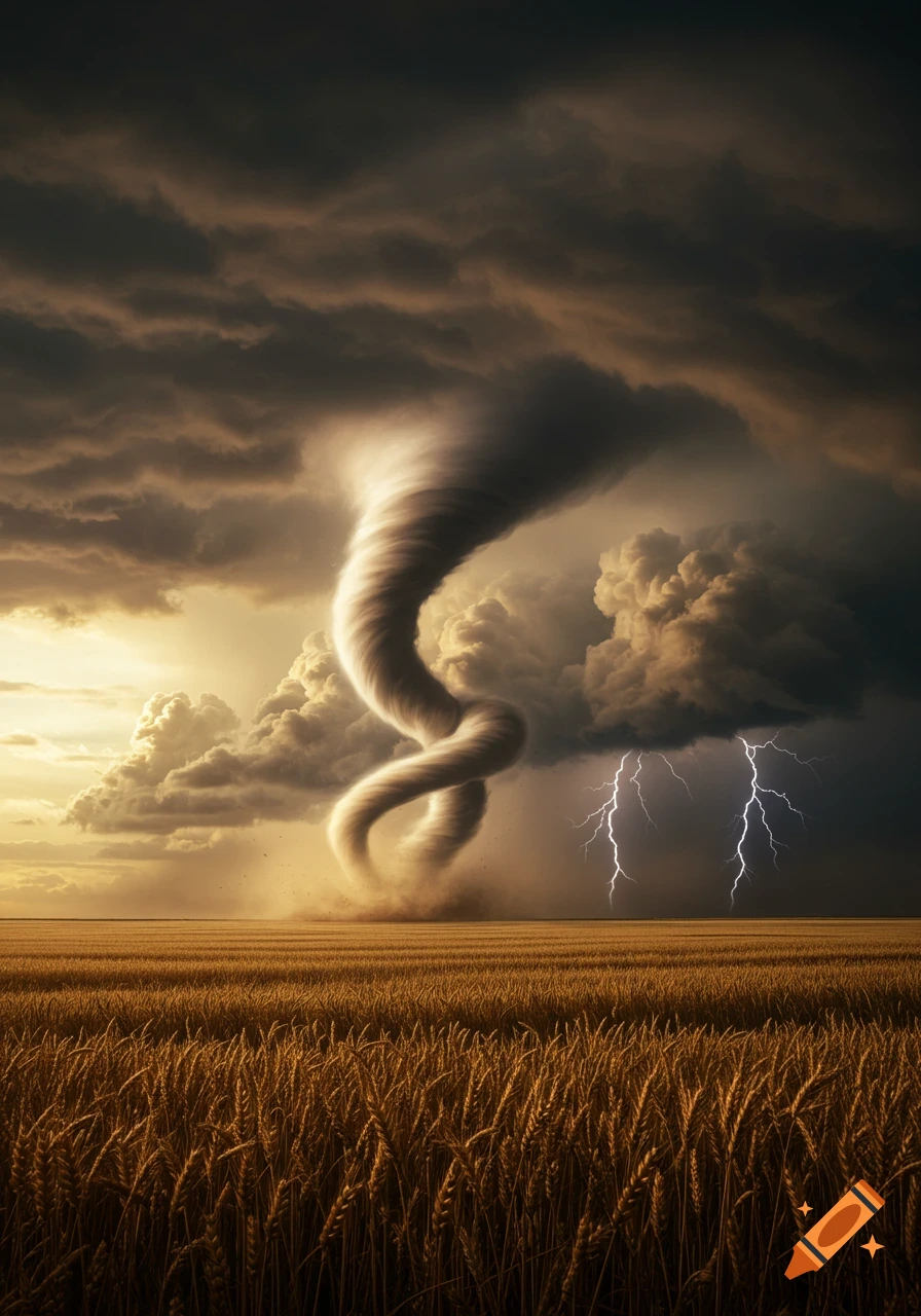 Photorealistic powerful tornado twisting over a golden wheat field under a dark, stormy sky with lightning.