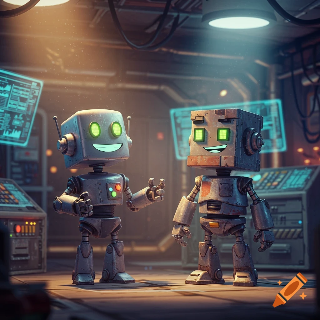 Two cartoon-style robots in a futuristic lab. One looks proud, the other sarcastic, with glowing green eyes and smiles.