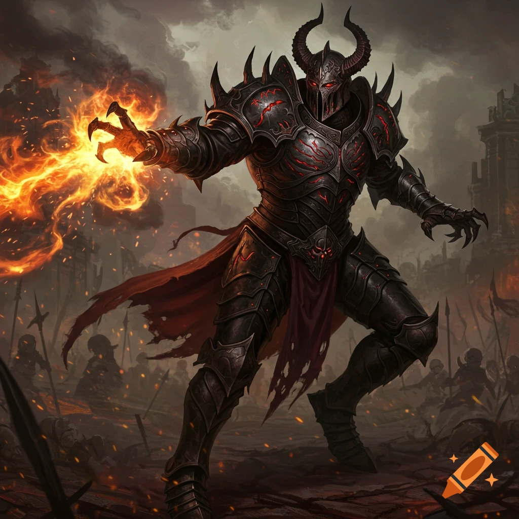 A dark armored, horned knight casts fire magic on a smoky battlefield with fallen figures in dark fantasy art.