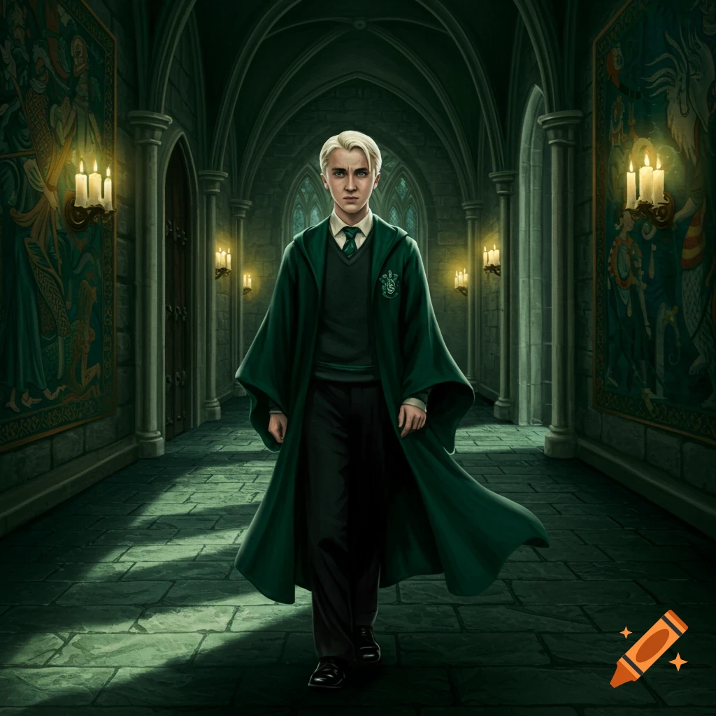A serious-looking Draco Malfoy in a dark green cloak stands in a dimly lit, arched gothic hallway.