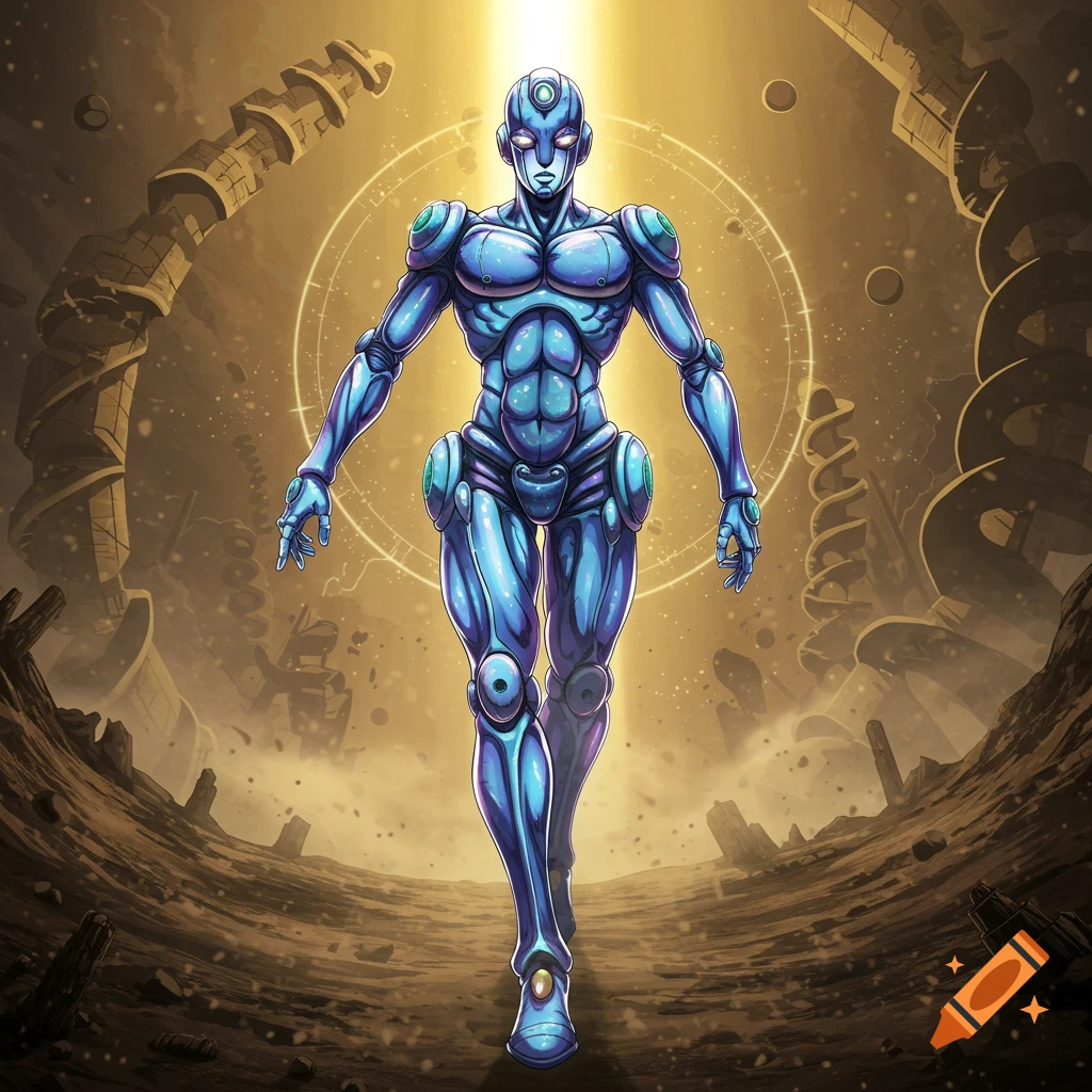 A blue humanoid robot with glowing eyes stands amidst a ruined, golden sci-fi landscape under a bright light.