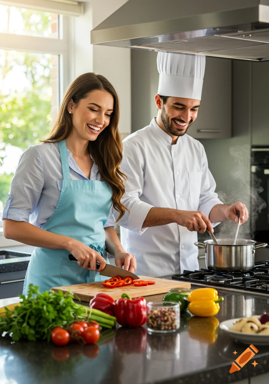 A man and a woman smiling while cooking in a modern kitchen, chopping vegetables and stirring a pot.