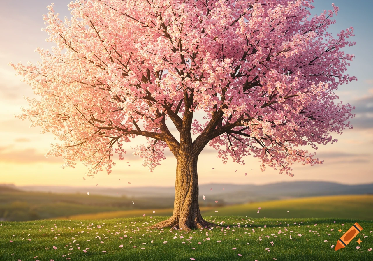 Photorealistic image of a vibrant pink cherry blossom tree standing in a green field with falling petals during sunset.