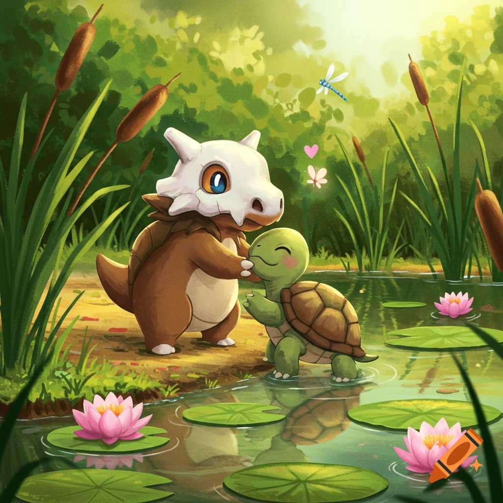 Cartoon Cubone and a green turtle hugging by a pond with lily pads and cattails under a sunny sky.