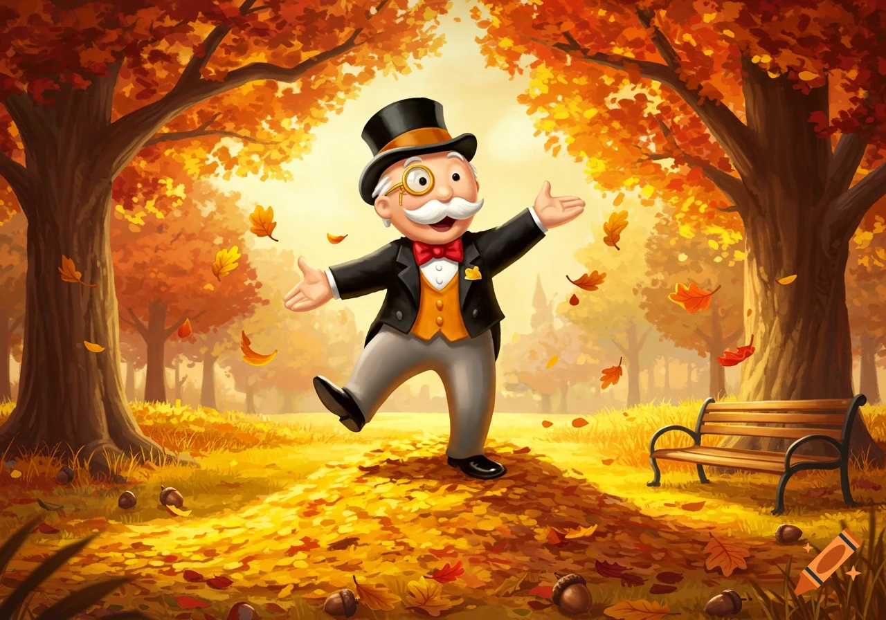 The Monopoly Man, wearing a top hat and monocle, walks happily through an autumn park with falling orange and yellow leaves in a cartoon style.