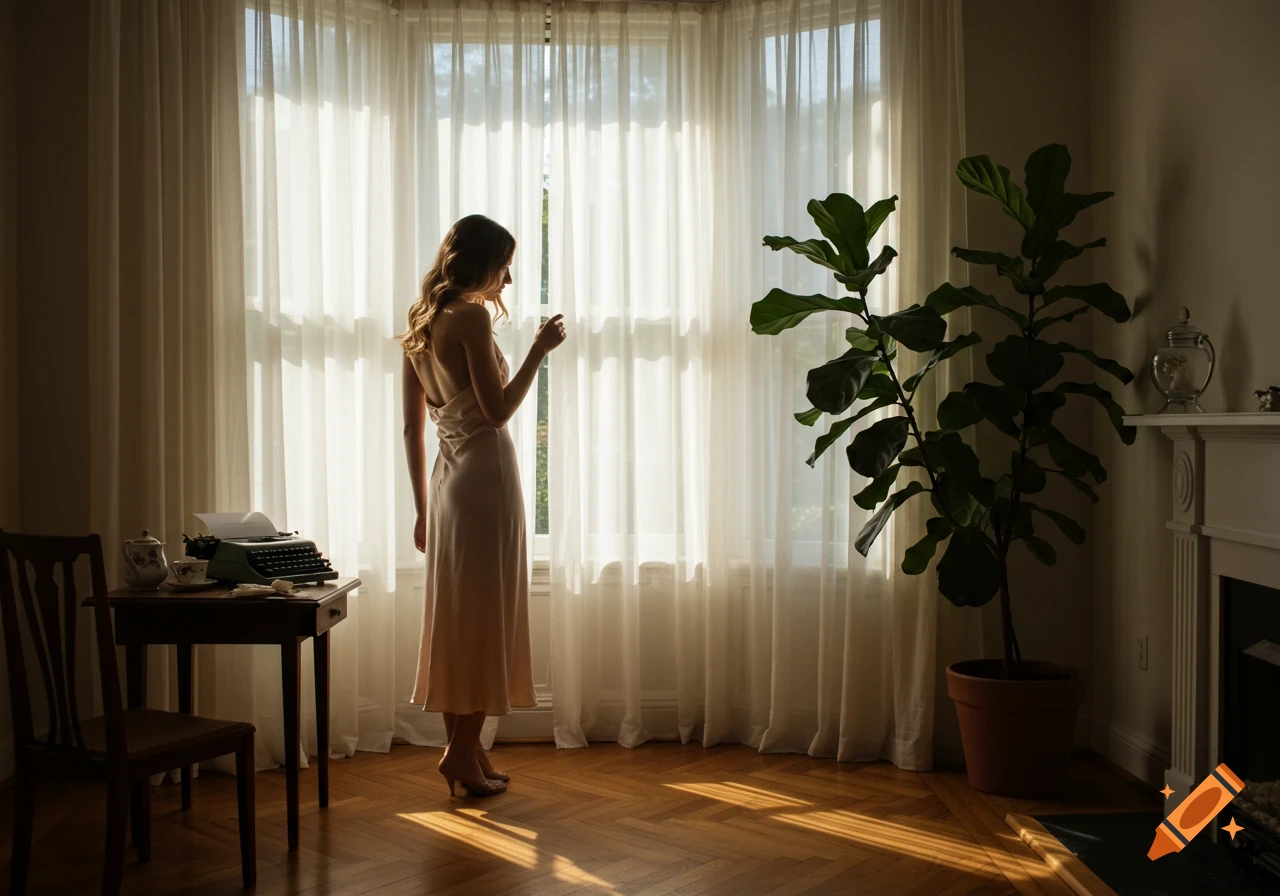 A woman in a slip dress stands by a sunlit window with sheer curtains, a typewriter on a table nearby, and a large potted plant.