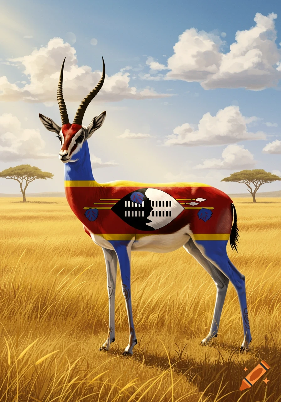 A gazelle painted with the Eswatini flag stands in a sunlit savanna with acacia trees under a partly cloudy sky.