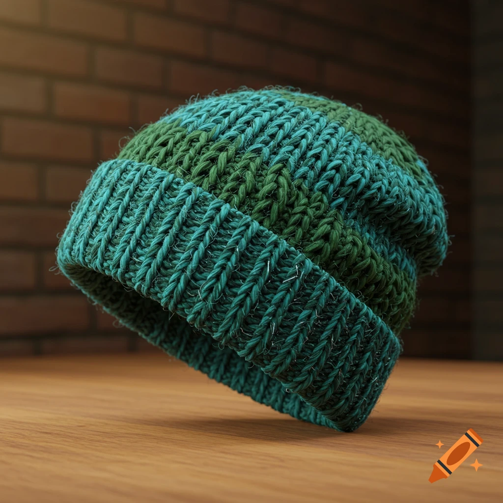 A close-up of a teal and green knitted beanie hat with a ribbed cuff, resting on a wooden surface against a brick wall.