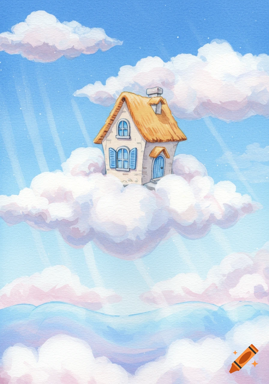 Watercolor painting of a whimsical house on a fluffy cloud in a bright blue sky with sunbeams.