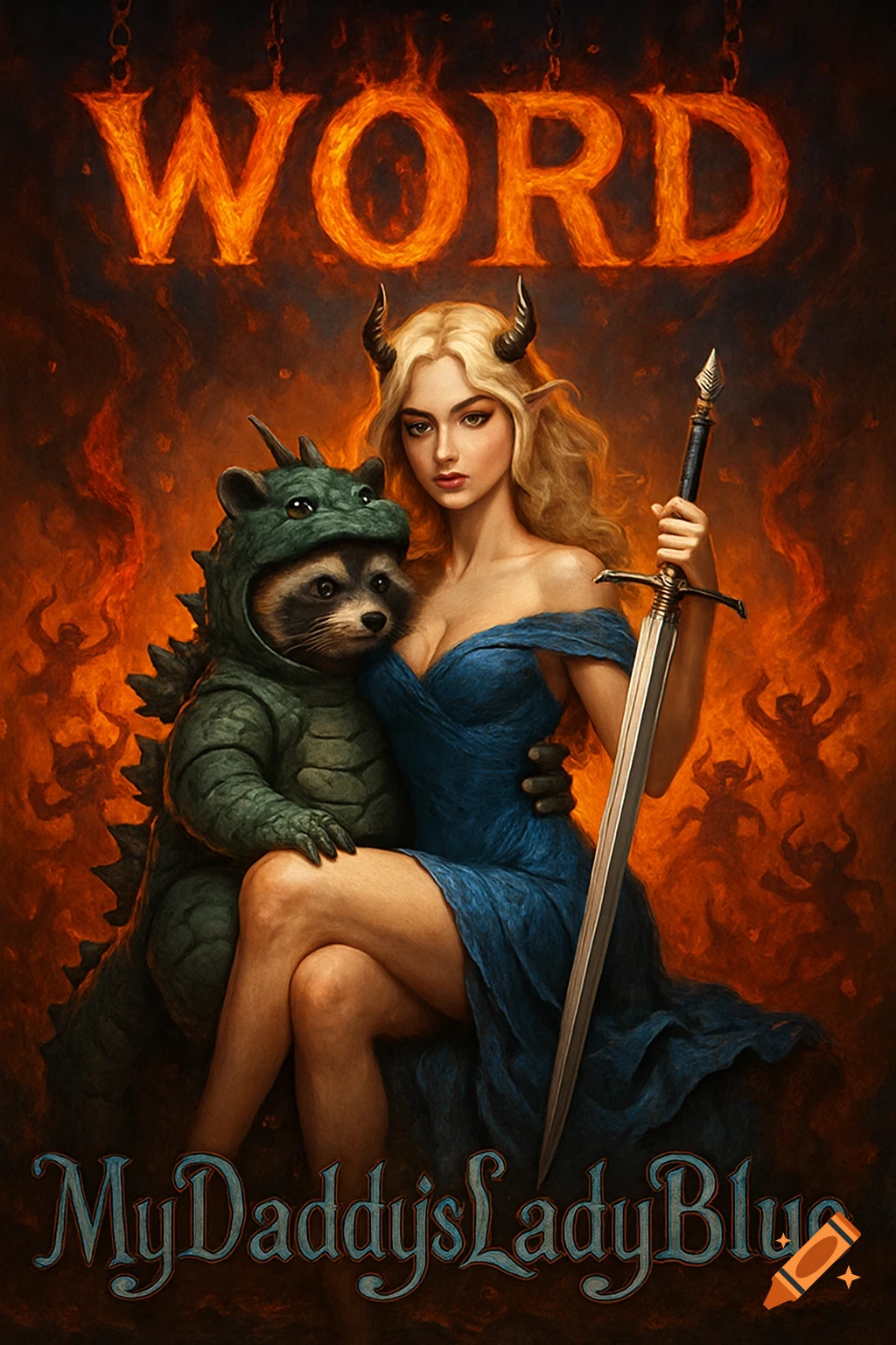 A horned, elf-eared demon woman in a blue dress, holding a sword, sits on a raccoon in a Godzilla suit, against a fiery hell. Text reads 'WORD' and 'MyDaddy'sLadyBlue'.