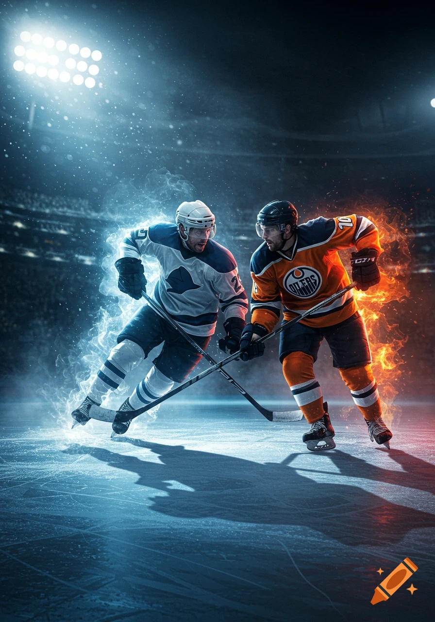 Two hockey players, one with blue energy and one with orange fire, skate intensely on an ice rink in a dynamic arena shot.