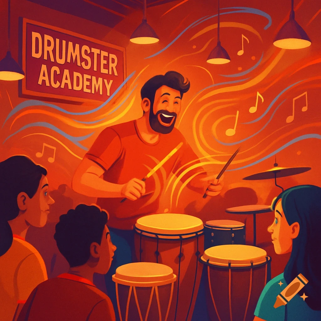 Vibrant illustration of a man joyfully teaching drums to two students at 'Drumster Academy'.