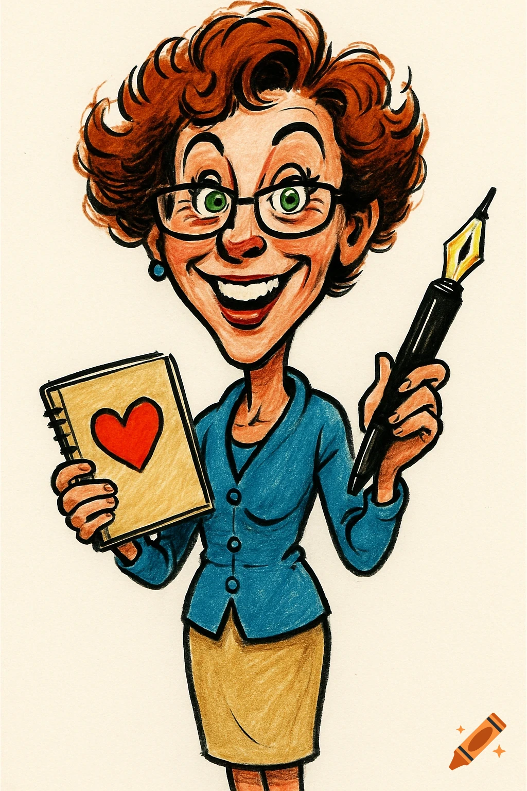 A smiling caricature of a teacher with curly brown hair and glasses, holding a notebook with a red heart and a fountain pen.