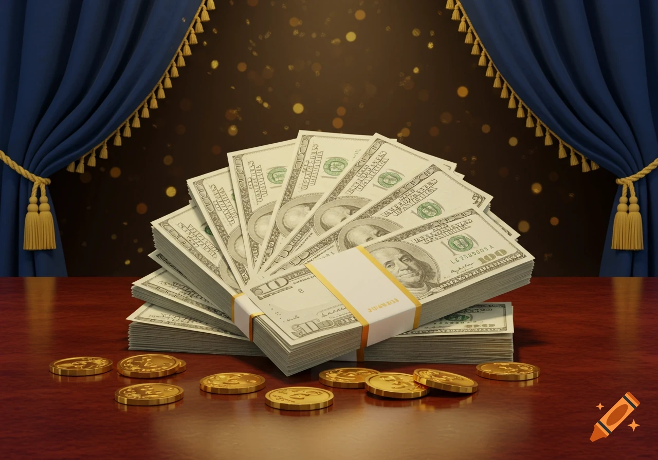 Stacks of US dollar bills and gold coins on a glossy wooden table with blue curtains and golden bokeh lights in the background.