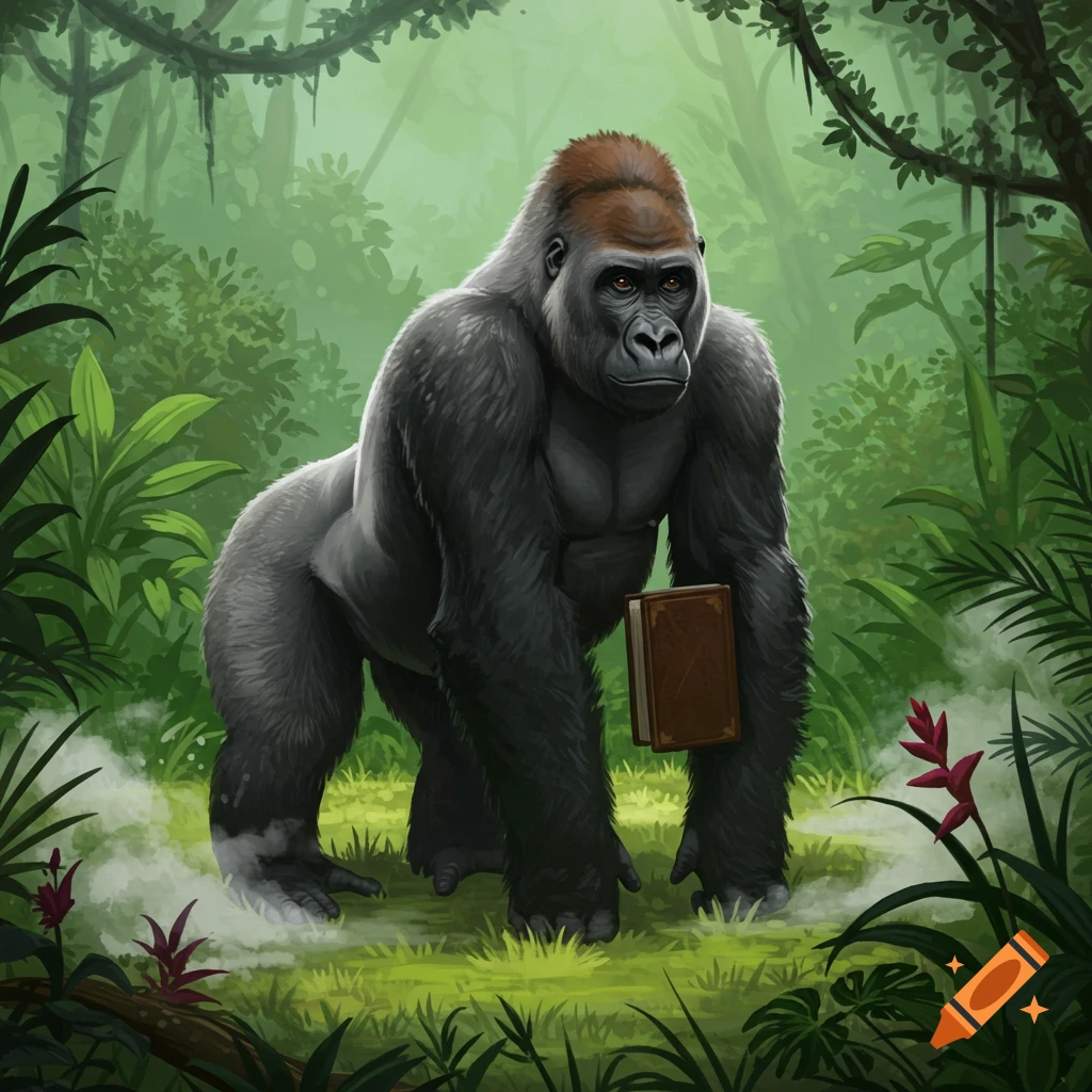 A gorilla with a brown book under its arm stands in a lush green jungle.