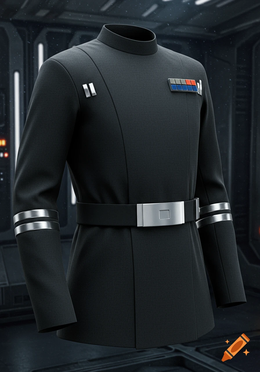A detailed dark gray Star Wars republic naval officer's tunic with silver details, set in a sci-fi interior.
