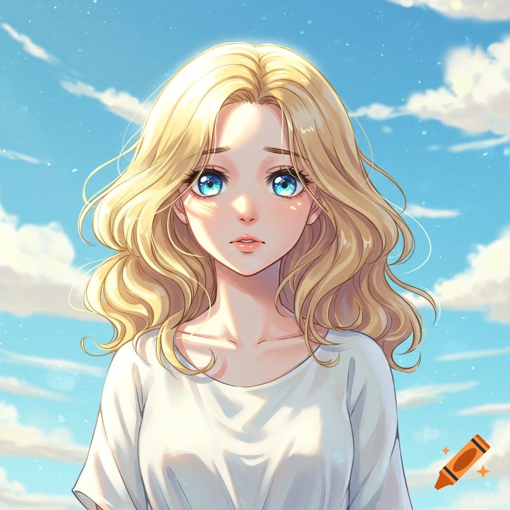 Anime portrait of a young woman with wavy golden hair and large blue eyes, wearing a white shirt, against a bright blue sky with clouds.