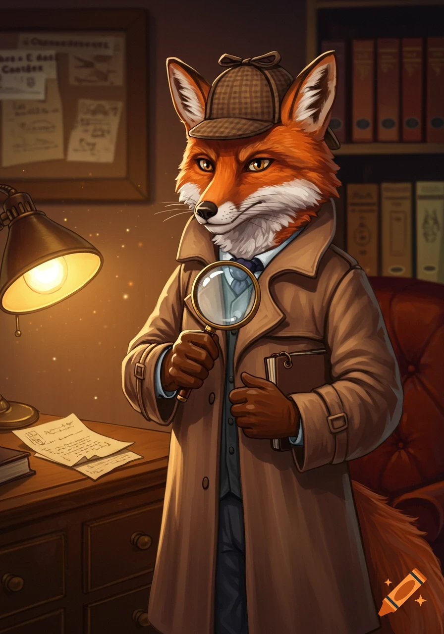 A detailed cartoon of a fox detective in a Sherlock Holmes hat and trench coat, holding a magnifying glass in a cozy office.