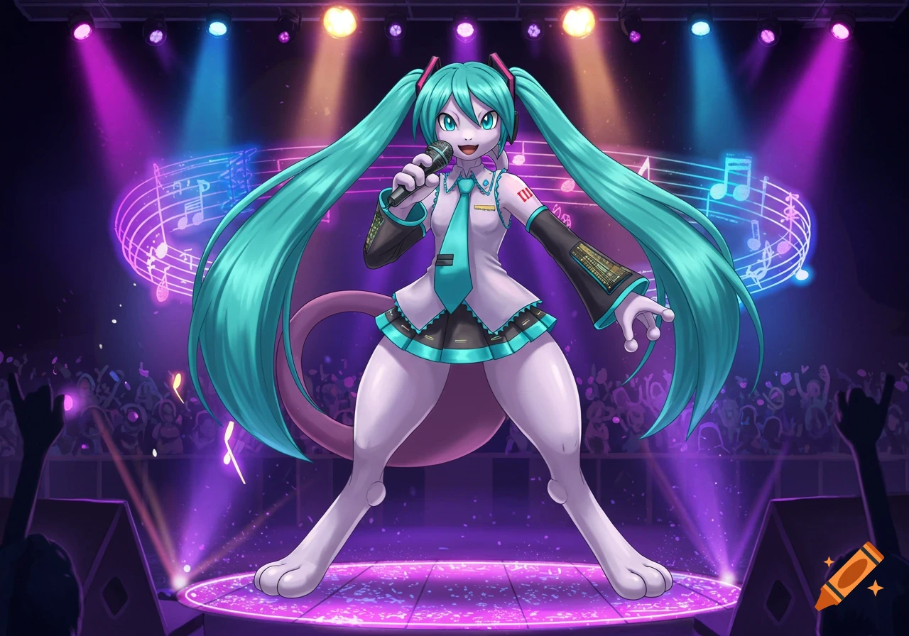 Mewtwo cosplaying as Hatsune Miku sings on a vibrant stage under purple and blue spotlights, with glowing musical notes in the background.