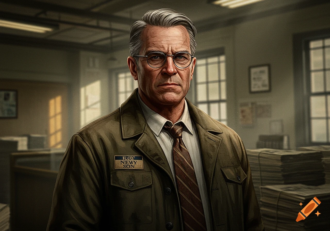 Photorealistic portrait of a serious older man with gray hair and glasses, wearing a coat and tie, in an office.