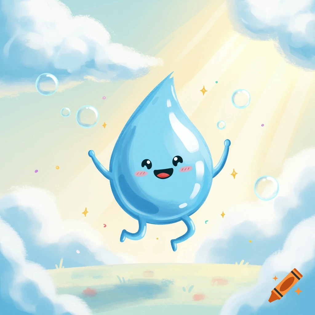 A happy, blue cartoon water drop character with a smiling face, arms, and legs, floating under a sunny, cloudy sky with bubbles.