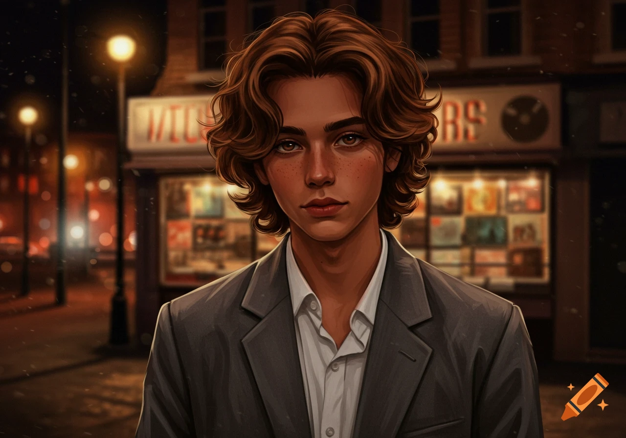 Digital art portrait of a young man with brown curly hair and freckles, wearing a white shirt and gray suit jacket, standing on a street at night.