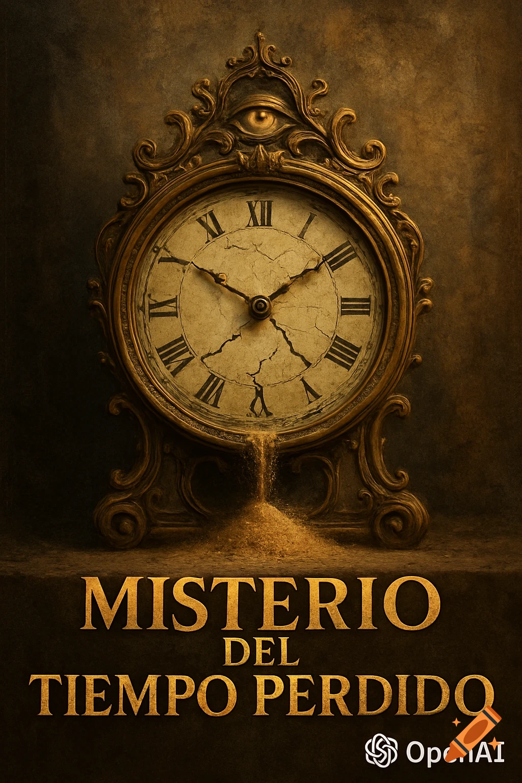 Ornate vintage clock with a cracked face, sand pouring out, an eye on top, and 'Misterio del tiempo perdido' text below, on a dark background.