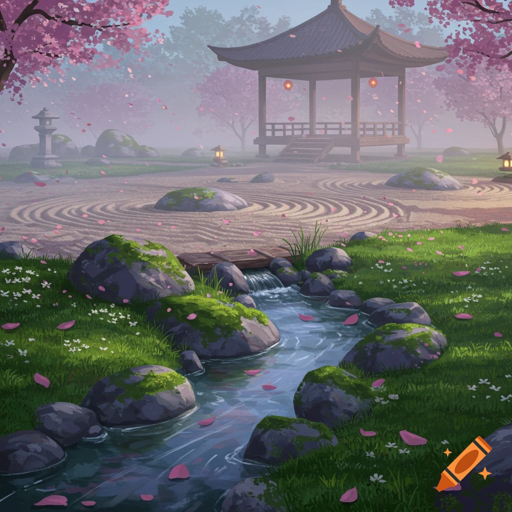A serene Japanese garden with a traditional pagoda, cherry blossoms, a raked sand garden, a small stream, and mossy rocks.