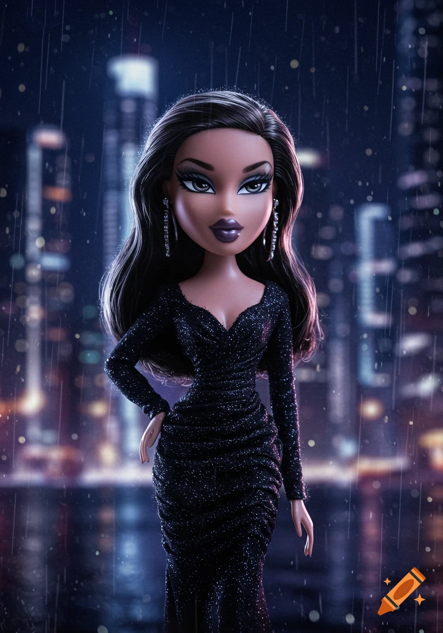 A Bratz doll with long dark hair, wearing a sparkly black dress and earrings, stands in front of a blurry, rainy city night scene.