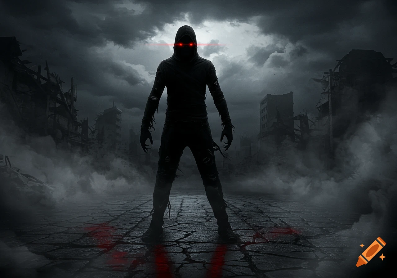 A menacing dark hooded figure with glowing red eyes stands in a ruined city under a cloudy sky.