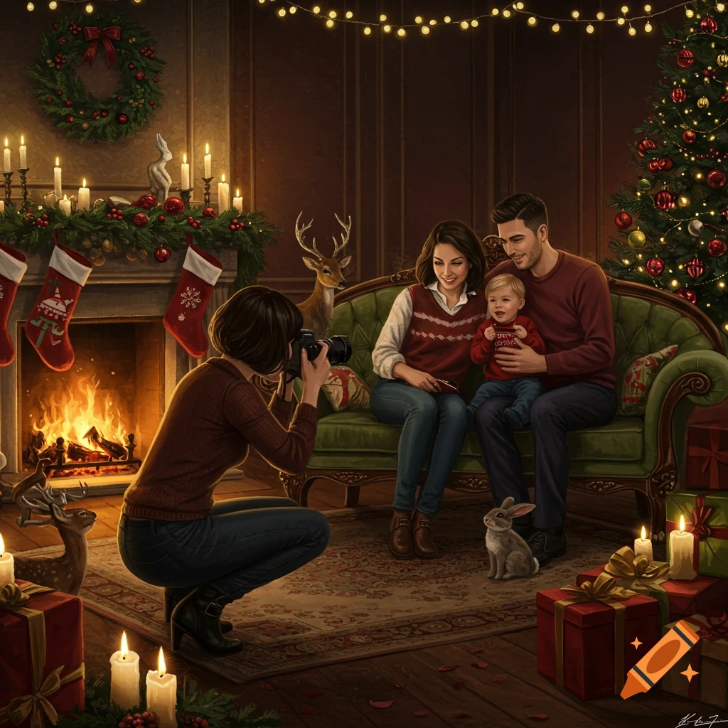 A photographer takes a picture of a family (mother, father, and baby) sitting on a green couch in a cozy Christmas-decorated room.
