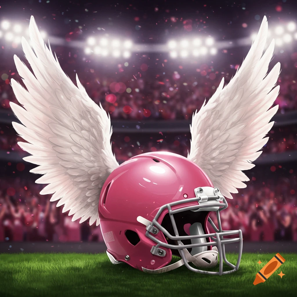 A pink football helmet with white wings sits on a grassy field in a stadium with bright lights and falling confetti.