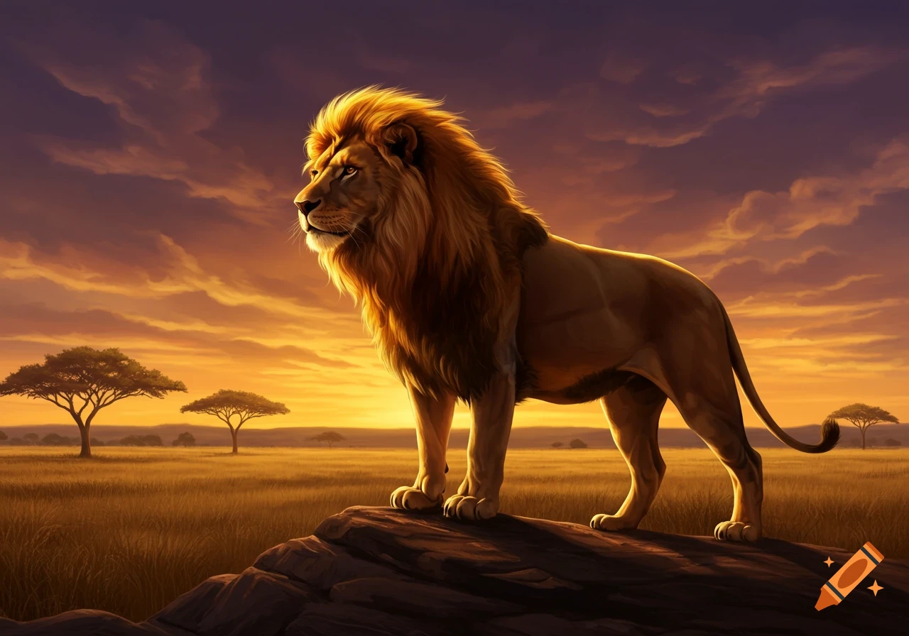 A majestic lion stands on a rock in an African savanna at sunset, with acacia trees under a vibrant orange and purple sky.