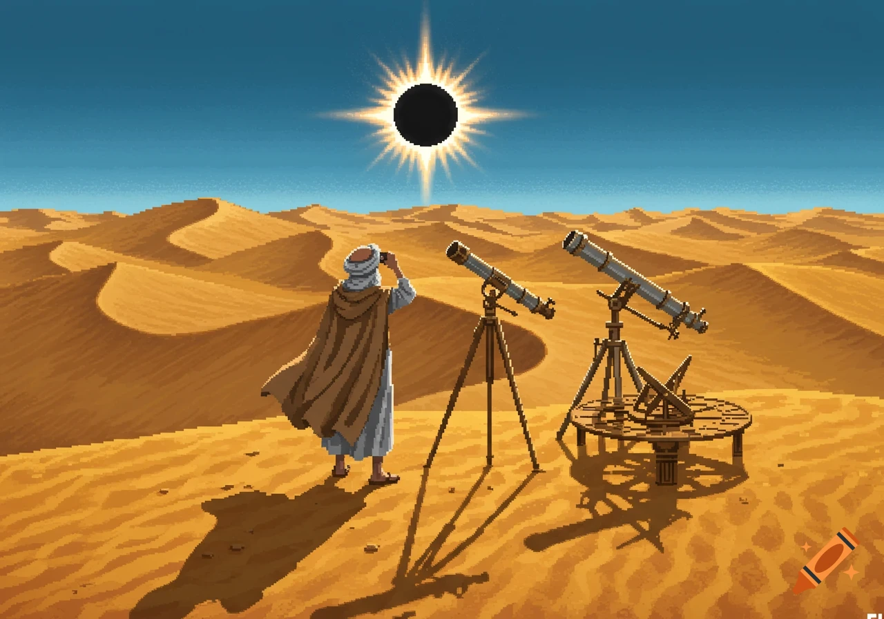 Pixel art of an astronomer in a desert with telescopes, observing a solar eclipse.