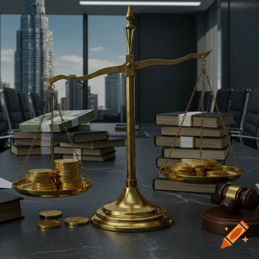 A golden scale on a dark table, weighing stacks of money on one side and law books with a gavel on the other, in a modern boardroom.