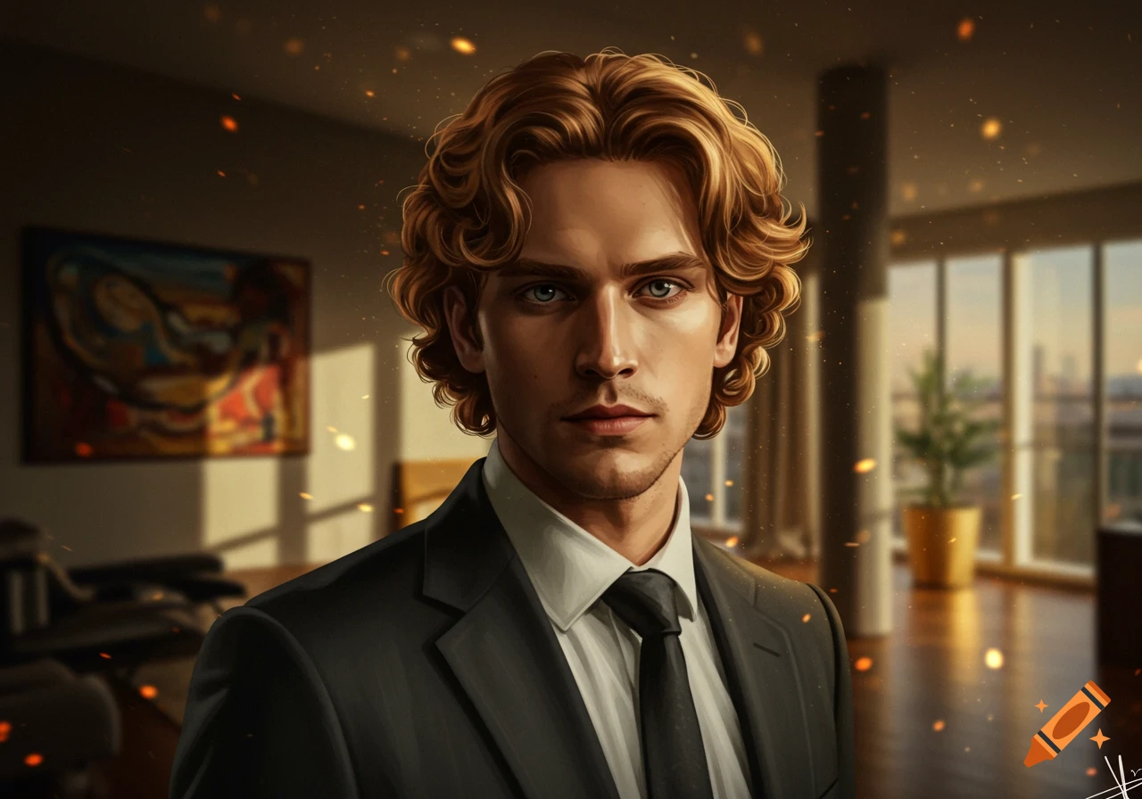 A photorealistic digital painting of a handsome man with curly blonde hair and blue eyes, wearing a suit, in a modern office.