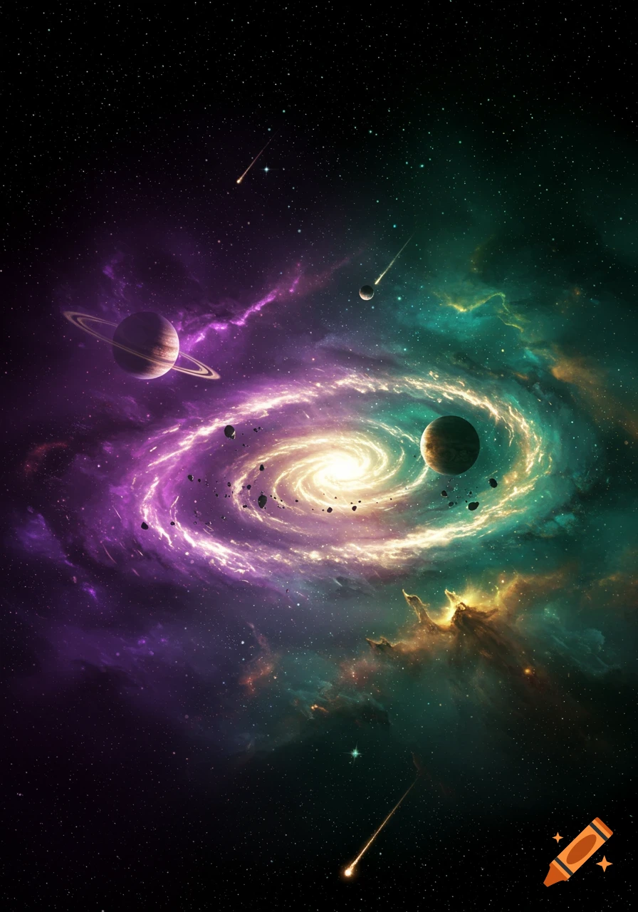 A vibrant spiral galaxy with planets, rings, and shooting stars in deep space, glowing in purple, green, and gold.