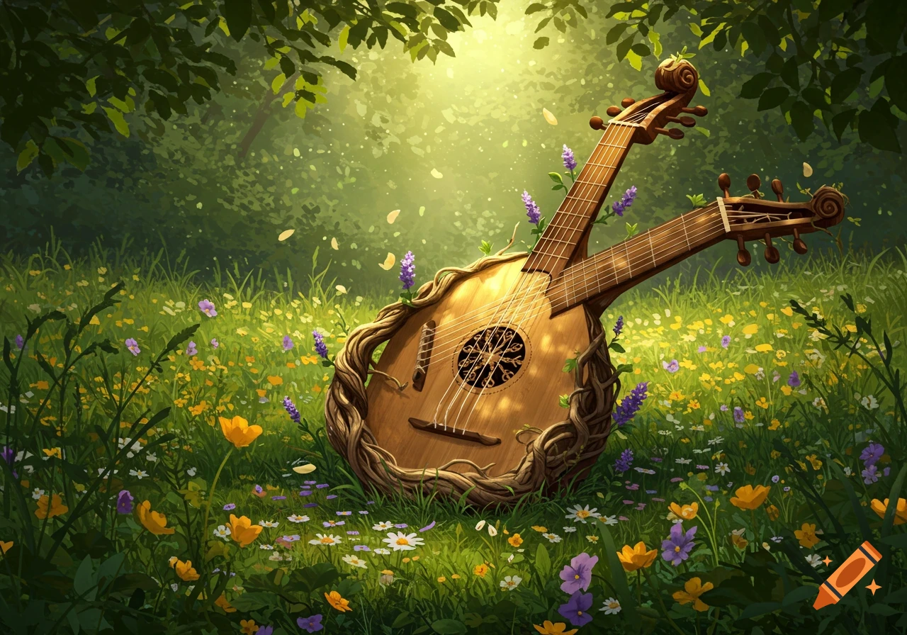 A lute crafted from roots and flowers sits in a sunlit forest meadow among colorful wildflowers.