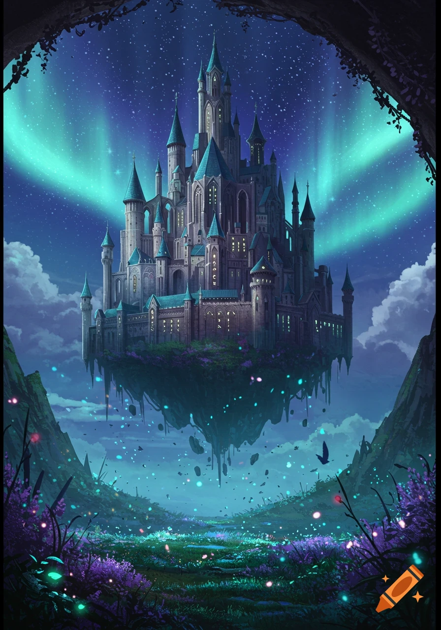 A grand floating castle with blue roofs under a starry, aurora-lit sky, overlooking a magical valley with glowing purple and green plants.