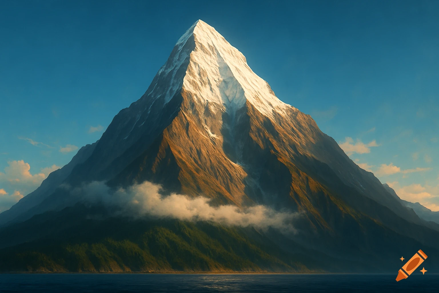 A majestic, snow-capped mountain rises sharply from a body of water under a clear blue sky, with clouds and forests.