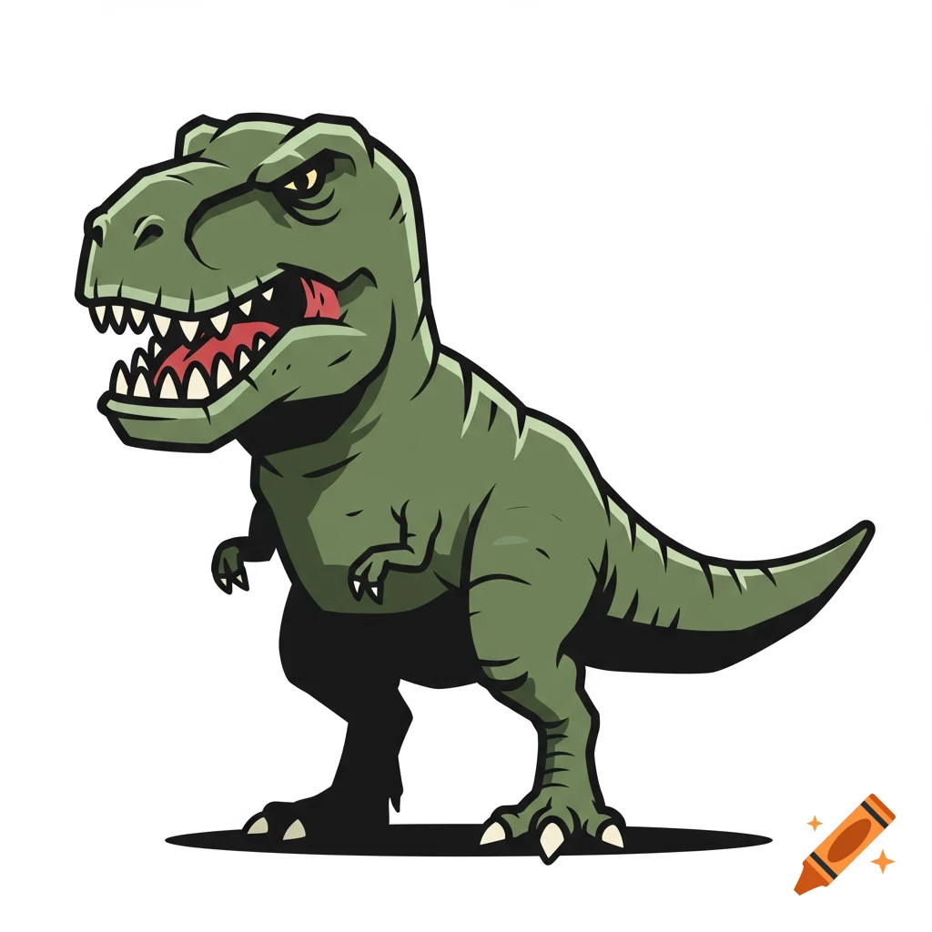 A stylized green Tyrannosaurus Rex character with a grumpy, menacing expression and exaggerated teeth on a white background.